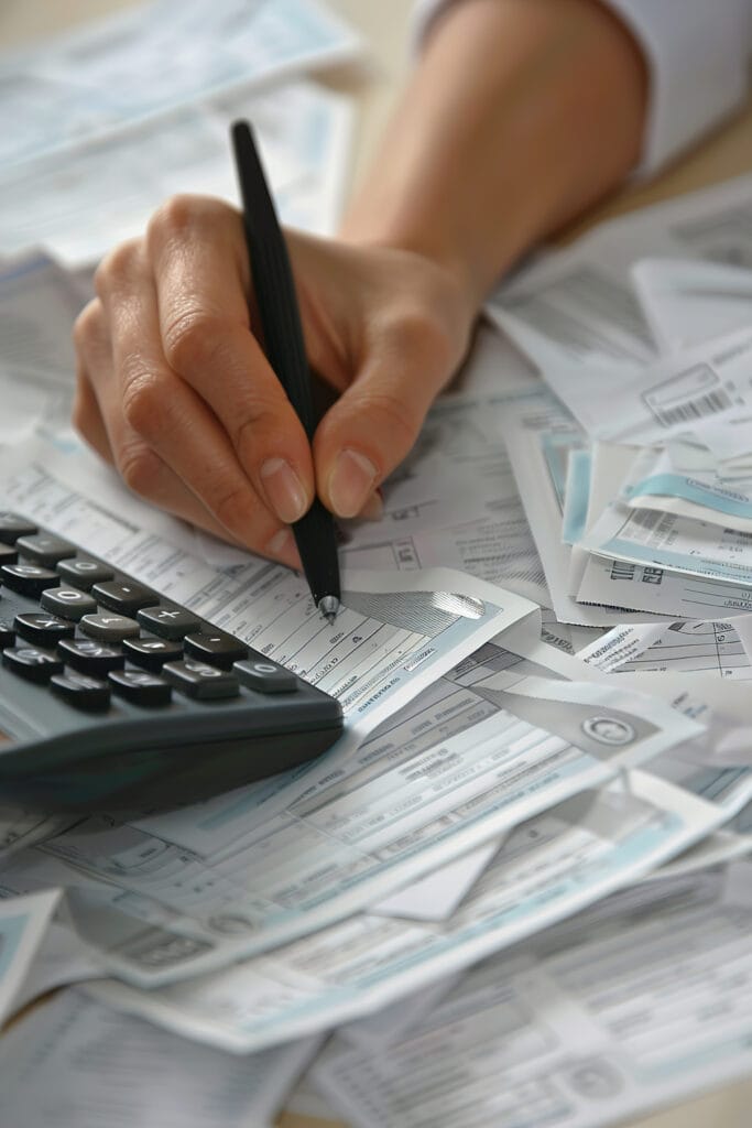 Auditor examining receipts and invoices, calculator and pen in hand, meticulously checking details